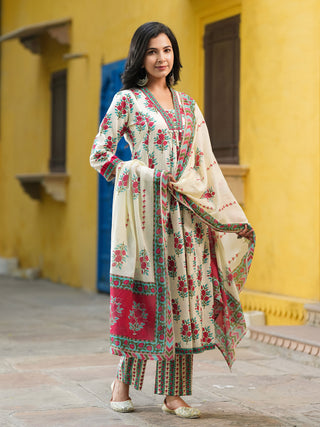 Floral Printed Thread Work Pure Cotton Kurta With Trousers & Dupatta