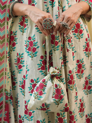 Floral Printed Thread Work Pure Cotton Kurta With Trousers & Dupatta