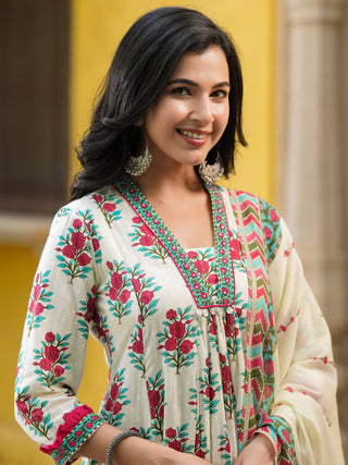 Floral Printed Thread Work Pure Cotton Kurta With Trousers & Dupatta