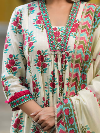 Floral Printed Thread Work Pure Cotton Kurta With Trousers & Dupatta