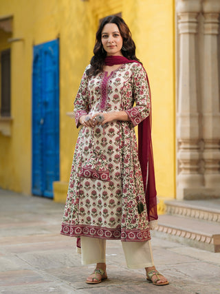 Women Ethnic Motifs Printed Regular Pure Cotton Kurta with Trousers & With Dupatta