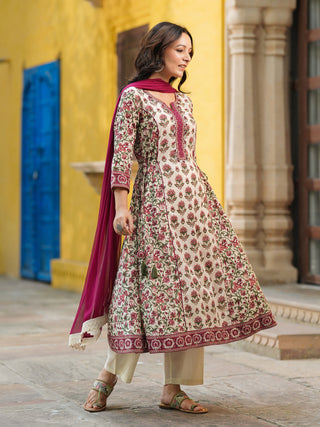 Women Ethnic Motifs Printed Regular Pure Cotton Kurta with Trousers & With Dupatta