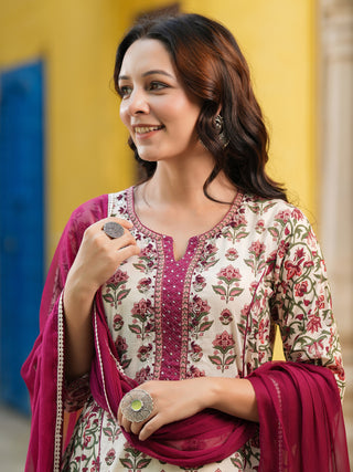 Women Ethnic Motifs Printed Regular Pure Cotton Kurta with Trousers & With Dupatta