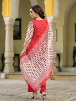 Bandhani Printed Sequinned Chanderi Cotton Kurta With Trousers & Dupatta