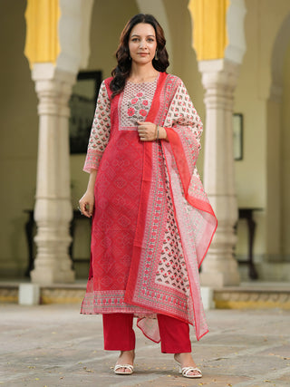 Bandhani Printed Sequinned Chanderi Cotton Kurta With Trousers & Dupatta