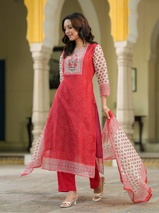Bandhani Printed Sequinned Chanderi Cotton Kurta With Trousers & Dupatta