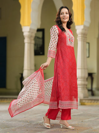 Bandhani Printed Sequinned Chanderi Cotton Kurta With Trousers & Dupatta