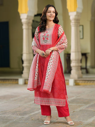 Bandhani Printed Sequinned Chanderi Cotton Kurta With Trousers & Dupatta