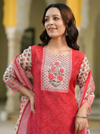 Bandhani Printed Sequinned Chanderi Cotton Kurta With Trousers & Dupatta