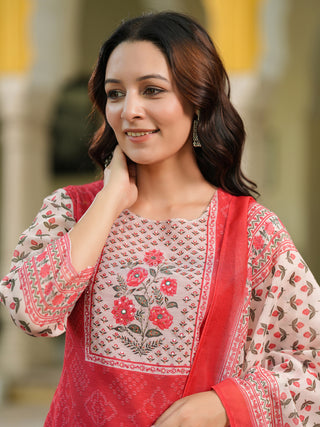 Bandhani Printed Sequinned Chanderi Cotton Kurta With Trousers & Dupatta