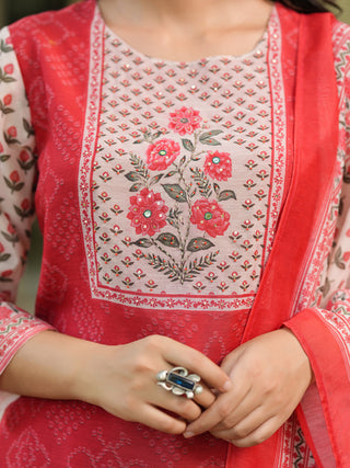 Bandhani Printed Sequinned Chanderi Cotton Kurta With Trousers & Dupatta