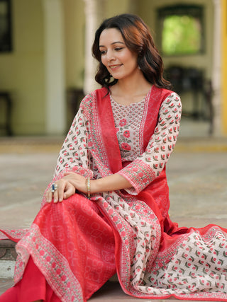 Bandhani Printed Sequinned Chanderi Cotton Kurta With Trousers & Dupatta