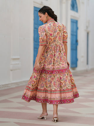 Women Floral Print Puff Sleeve Fit & Flare Cotton Midi Dress