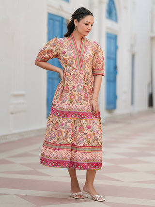 Women Floral Print Puff Sleeve Fit & Flare Cotton Midi Dress