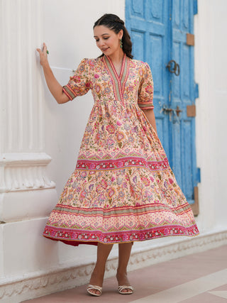 Women Floral Print Puff Sleeve Fit & Flare Cotton Midi Dress