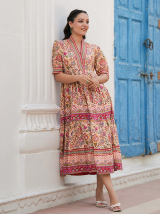 Women Floral Print Puff Sleeve Fit & Flare Cotton Midi Dress