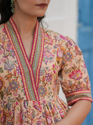 Women Floral Print Puff Sleeve Fit & Flare Cotton Midi Dress