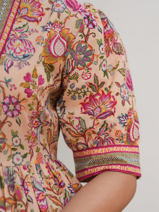 Women Floral Print Puff Sleeve Fit & Flare Cotton Midi Dress