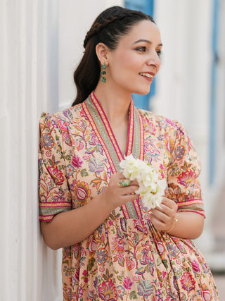 Women Floral Print Puff Sleeve Fit & Flare Cotton Midi Dress