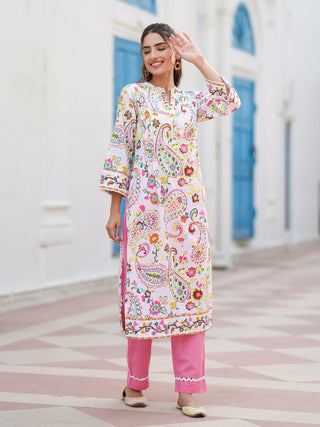 Paisley Printed Mandarin Collar Straight Cotton Kurta