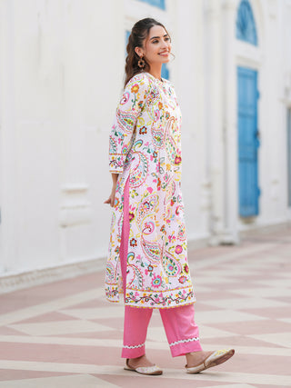 Paisley Printed Mandarin Collar Straight Cotton Kurta