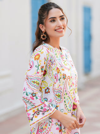 Paisley Printed Mandarin Collar Straight Cotton Kurta