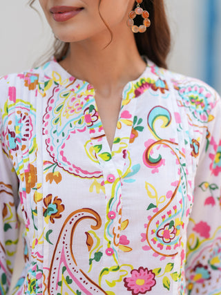 Paisley Printed Mandarin Collar Straight Cotton Kurta
