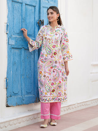 Paisley Printed Mandarin Collar Straight Cotton Kurta
