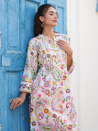 Paisley Printed Mandarin Collar Straight Cotton Kurta