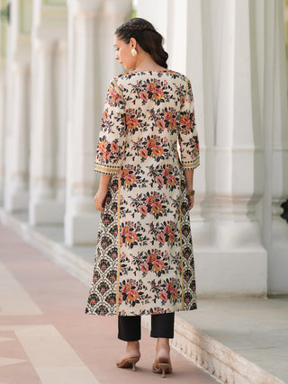 Women Floral Printed Thread Work Pure Cotton Straight Kurta