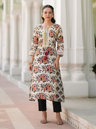 Women Floral Printed Thread Work Pure Cotton Straight Kurta
