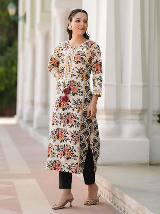 Women Floral Printed Thread Work Pure Cotton Straight Kurta