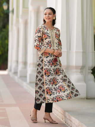 Women Floral Printed Thread Work Pure Cotton Straight Kurta