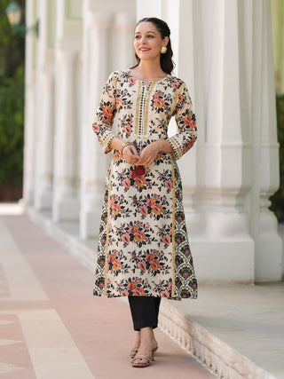 Women Floral Printed Thread Work Pure Cotton Straight Kurta