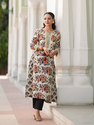 Women Floral Printed Thread Work Pure Cotton Straight Kurta