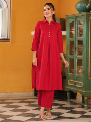 Women Solid Cotton Kurta with Trousers