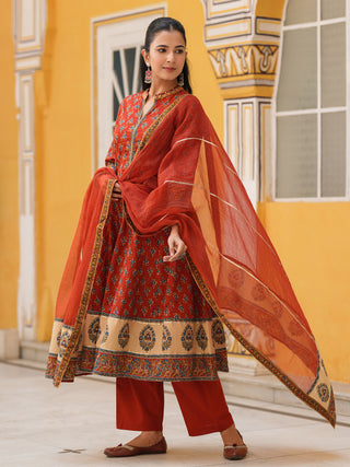 Women Ethnic Motifs Printed Cotton Anarkali Kurta with Trousers & Dupatta