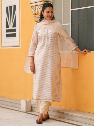 Women Ethnic Motifs Printed Regular Chanderi Cotton Straight Kurta Set