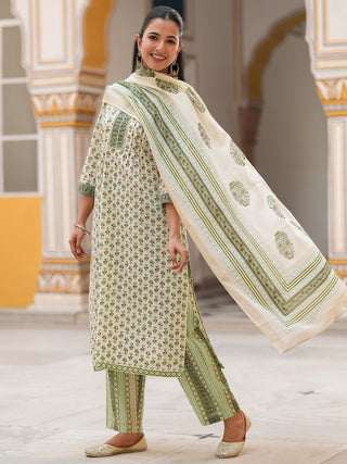 Women Printed Sequinned Pure Cotton Kurta with Trousers & Dupatta