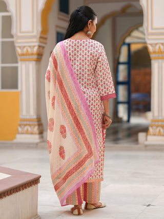 Women Ethnic Motifs Printed Lace Work Pure Cotton Kurta Set With Dupatta