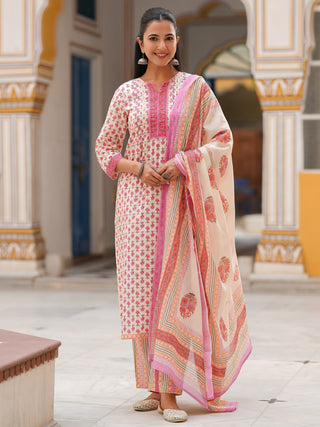 Women Ethnic Motifs Printed Lace Work Pure Cotton Kurta Set With Dupatta