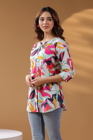 Women Floral Printed Three-Quarter Sleeves Cotton Top