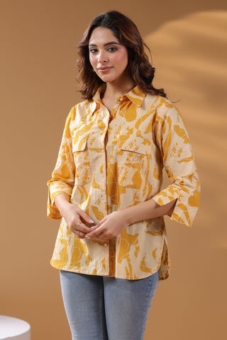 Women Pure Cotton Abstract Printed Shirt Collar Shirt Style Top