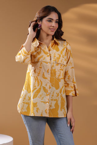 Women Pure Cotton Abstract Printed Shirt Collar Shirt Style Top