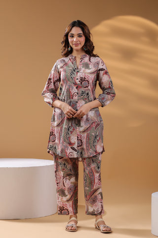 Floral Printed Mandarin Collar Pure Cotton Tunic & Trouser