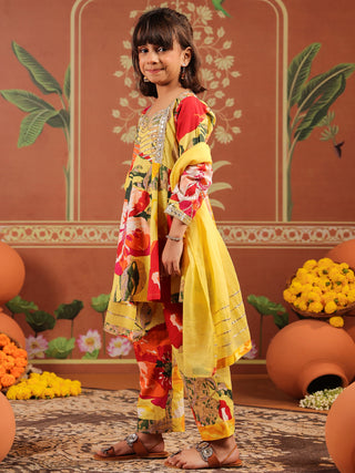 Girls Floral Printed Regular Pure Cotton Kurta with Trousers & With Dupatta