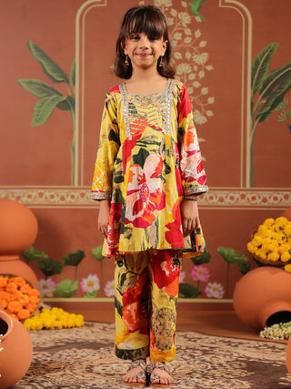 Girls Floral Printed Regular Pure Cotton Kurta with Trousers & With Dupatta