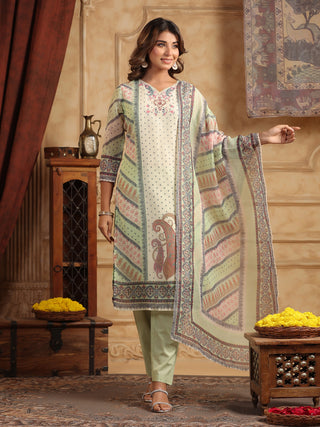 Ethnic Motifs Printed Sequinned Straight Kurta With Trouser & Dupatta