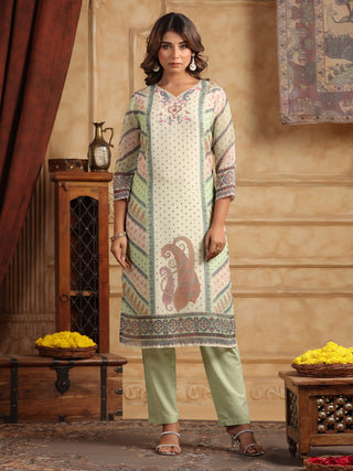 Ethnic Motifs Printed Sequinned Straight Kurta With Trouser & Dupatta