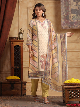 Printed Beads and Stones Straight Kurta with Trousers & Dupatta